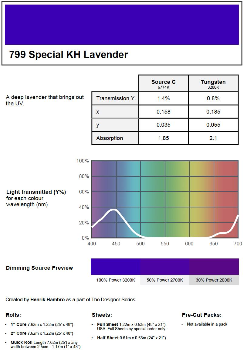 FILTRE LEE FILTER 799 SPECIAL KH LAVENDER (feuille)