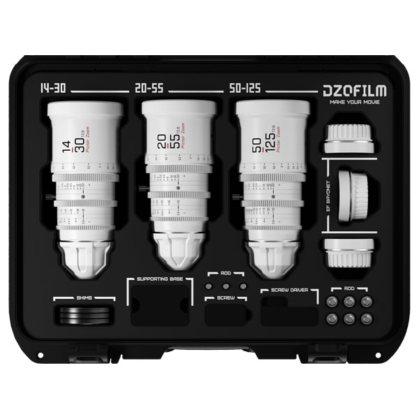 Dzofilm Pictor Zoom 14-30mm/20-55mm/50-125mm T2.8 (PL/EF, Blanc) - Kit Objectifs + Valise Dzofilm Pictor Zoom 14-30mm/20-55mm/50-125mm T2.8 (PL/EF, Blanc) - Kit Objectifs + Valise
